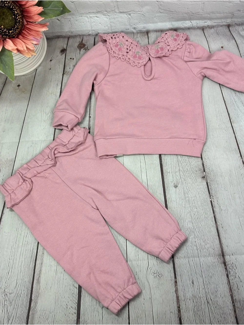 NWT Rabbit & Bear dusty Pink Crochet Collar Sweatshirt Set 3-6M cottage crochet
